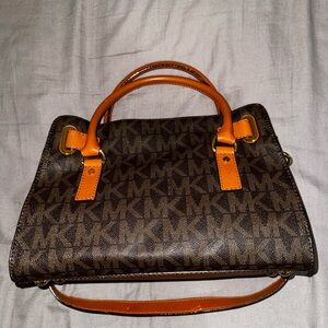 Michael Kors Brown MK Logo Satchel with Orange Trim